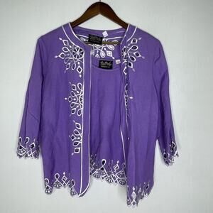 Bob Mackie Jacket Top Set Womens Medium Embroidered Linen Rayon Wearable Art